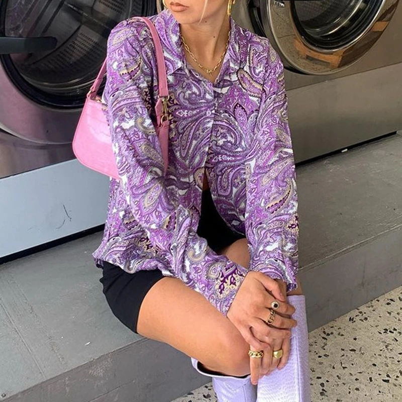 

Dourbesty y2k T-shirt Women Vintage Graphic Print Crop Top Long Sleeve Purple Cardigans Lapel Collar Autumn Spring Outfits