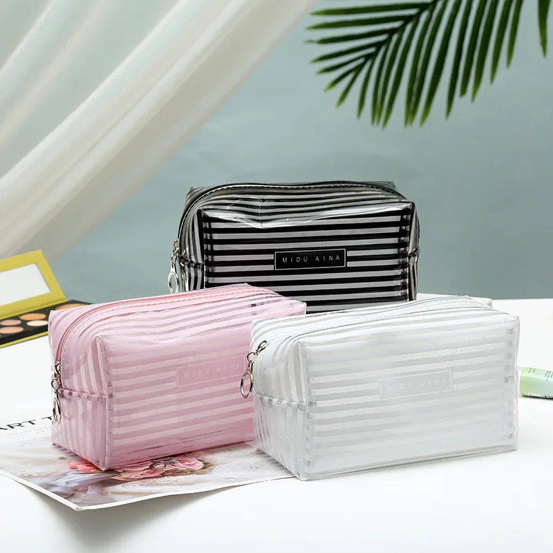 

New Portable Transparent Waterproof Makeup Bag Fashion Striped Zipper Cosmetic Organizer Women Travel Toiletry Bag