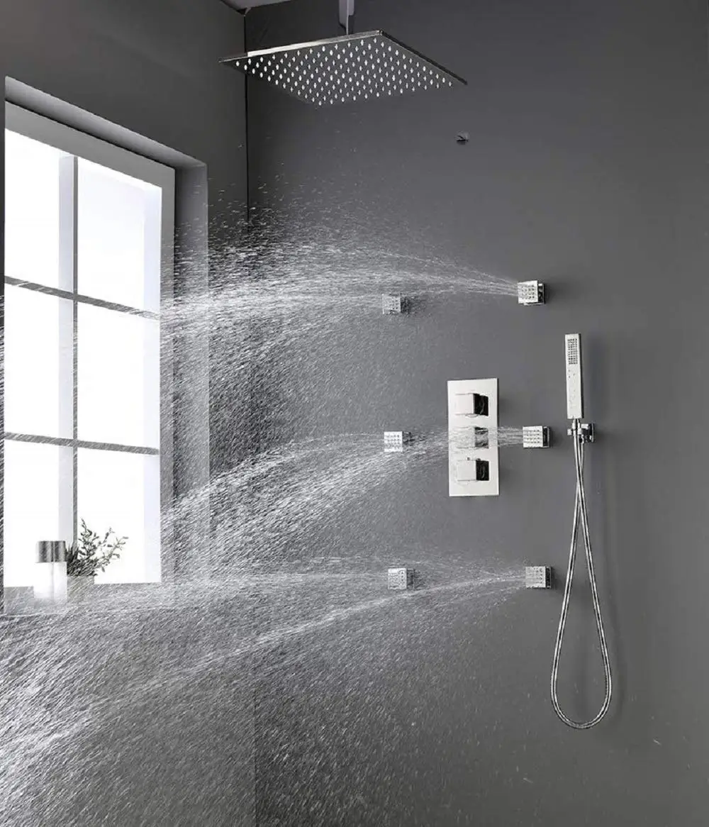 Душевая система с струями тела 16-дюймовый квадратный светодиодный смеситель для