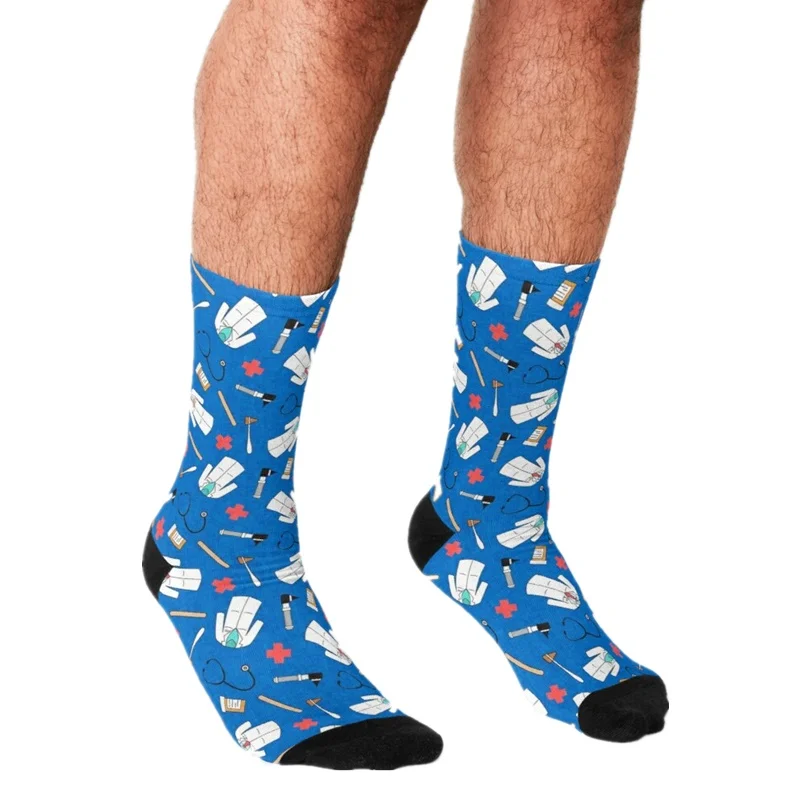 

2021 Funny Men's socks blue Medical Doctor Pattern Printed hip hop Men Happy Socks boys street style Crazy Socks for men
