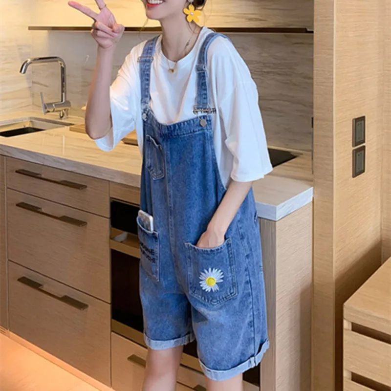 

2021 preppy style women playsuits sleeveless pockets cotton denim female romper jumpsuit summer shorts overalls