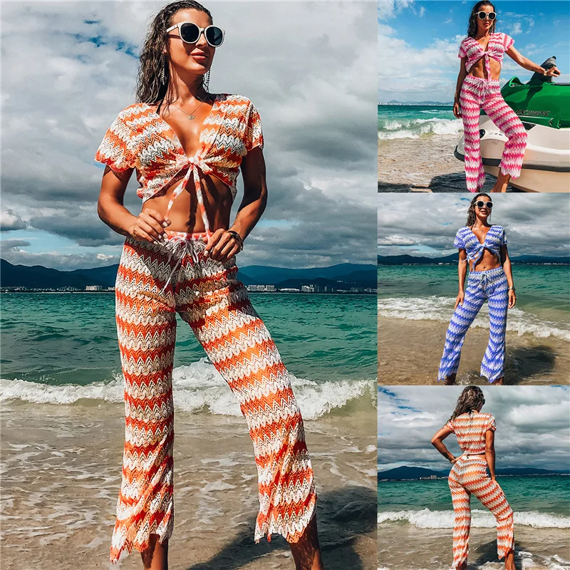 

Women’s Bikini Cover Up Striped Printed High-waist Sleeveless Beach Sets Cover-Ups Two Piece Set Ladies Beach Wear Clothes Set