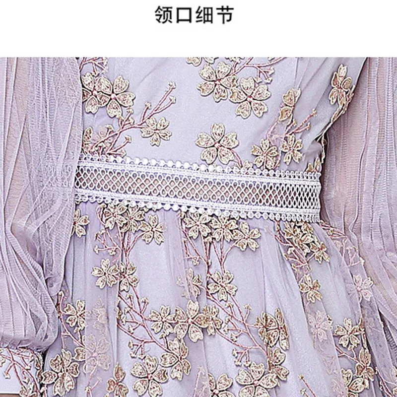 

New Arrival Runway French Vintage Lantern Sleeves Dress Female See-Through Mesh Elegant Stitching Embroidery Dress Vestido