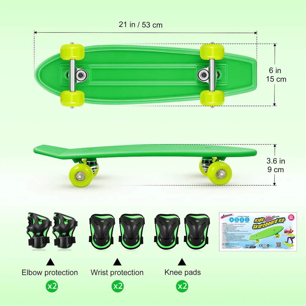 

MOVTOTOP Kids Skateboard Kit Complete Skateboard Downhill Longboard with Protective Gears for Boys Girls Kids Beginners (Green)