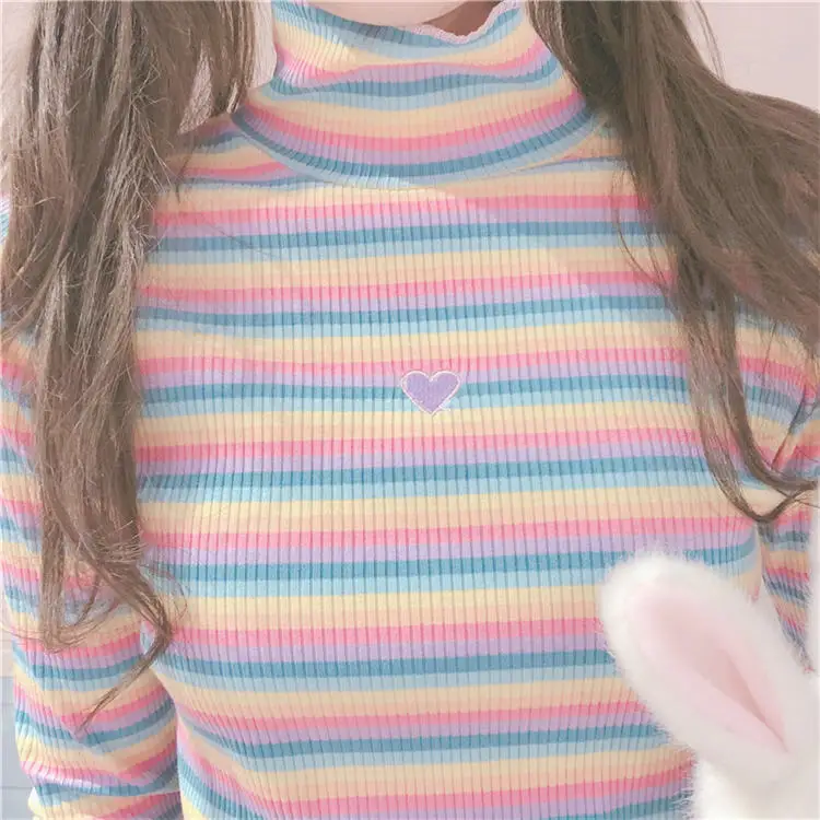 Японские Сладости, Женская водолазка, Футболка Harajuku Tumblr, радужные полосатые вязаные топы, Kawaii сердце, длинный рукав, футболки для девочек