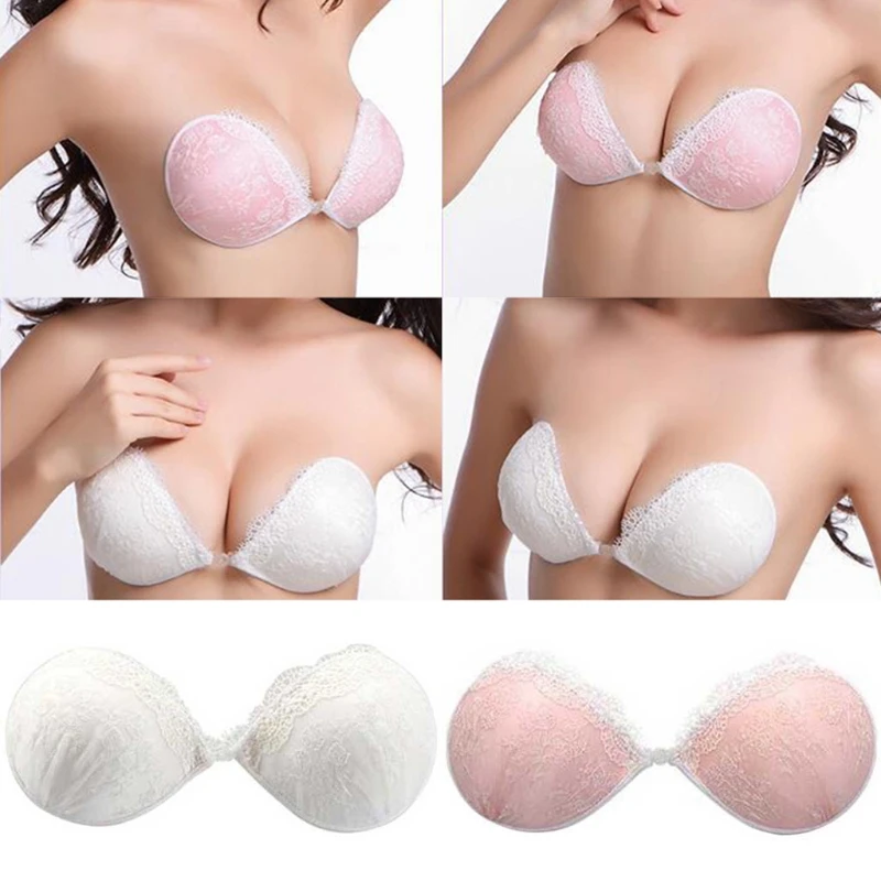 Women Push Up Silicone Backless Strapless Invisible Lace Bras For Bikini Wedding X3UE
