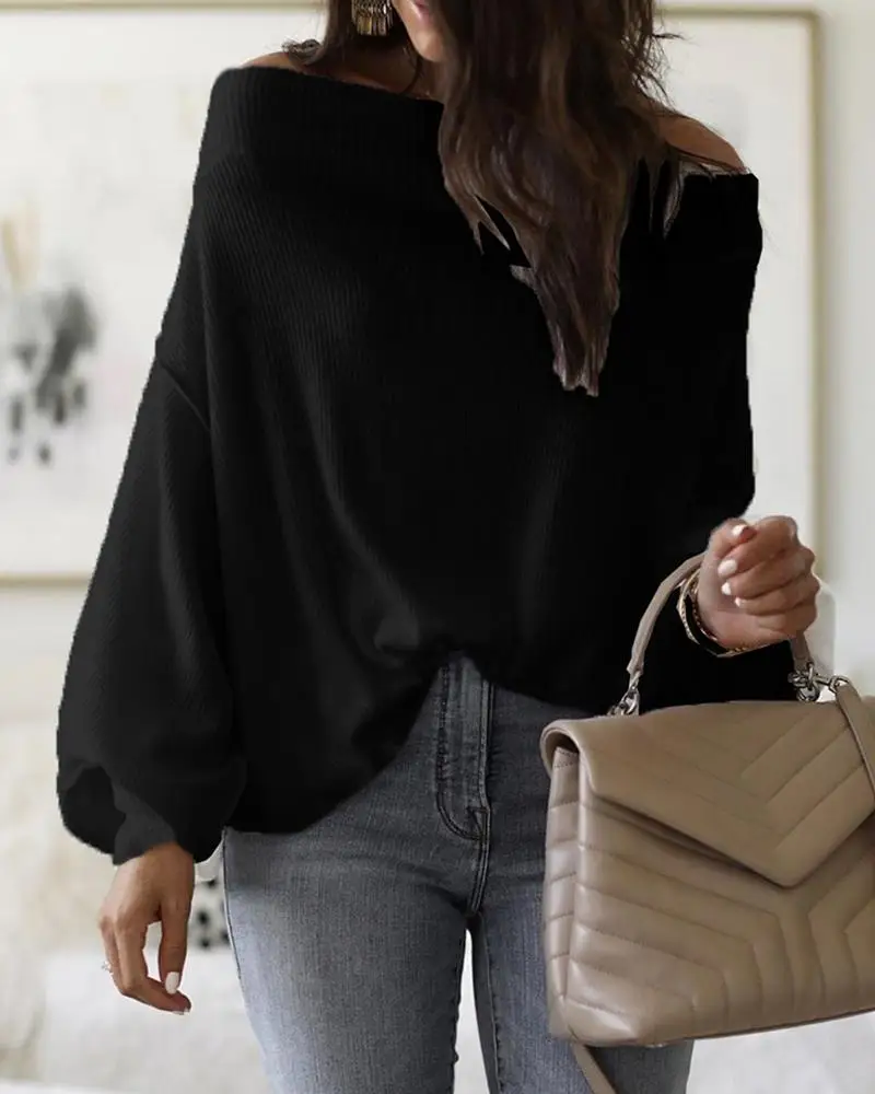 

Women Fashion Casual Brief Slash Neck Long Sleeve Autumn Solid Blouse Tops Off Shoulder Lantern Sleeve Ribbed Blouse