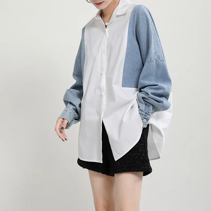 

SuperAen 2022 Korean Fashion New Design Denim Patchwork Turn Down Collar Long Sleeve Women Shirts Tops