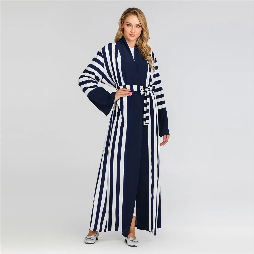 

Donsignet Muslim Dress Muslim Fashion Striped Long Sleeves Simple Dress Muslim Abya Belt Middle East Eid Duabi Abaya Turkey Robe