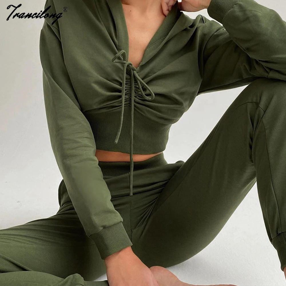 

Women Slim Solid Two Piece Set Winter Cotton Hoodie And Pants Tracksuit Casual Long Sleeve 2 Piece Outfits Sports Suit 2020 Fall