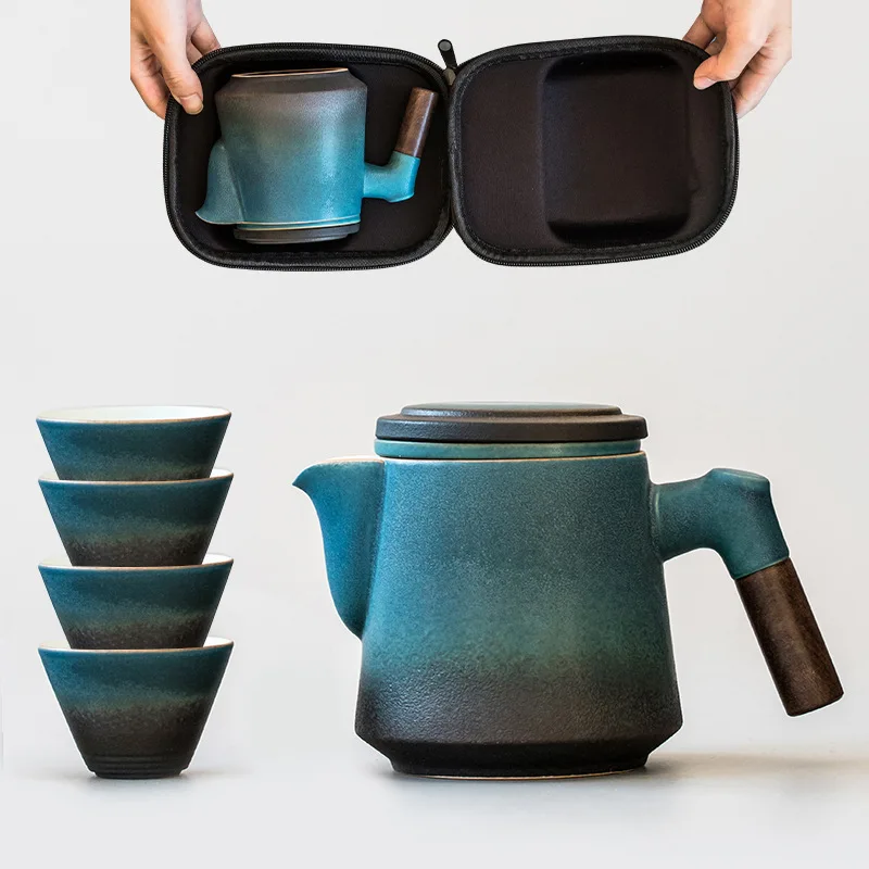 

Дорожный чайный набор в японском стиле, маленький керамический набор для приготовления чая кунг-фу с одной чашкой и четырьмя чашками для ул...