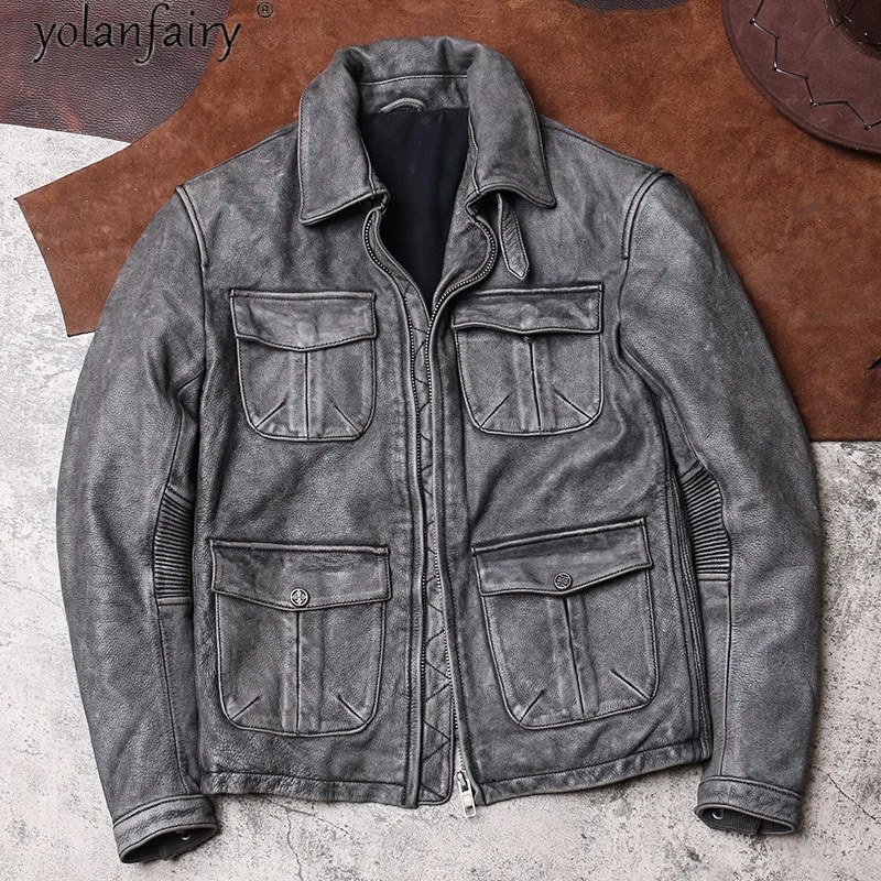 

Men's Jackets Vintage Genuine Leather Jacket Real Cowhide Coat Spring Autumn Biker Jacket for Men Style Veste Homme 2021 KJ7029