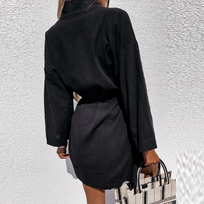 

Women Autumn Long Sleeve Belted Party Dress New Elegant V-Neck Wrap Party Dress 2021 Fashion Summer Casual Solid Robe Mini Dress
