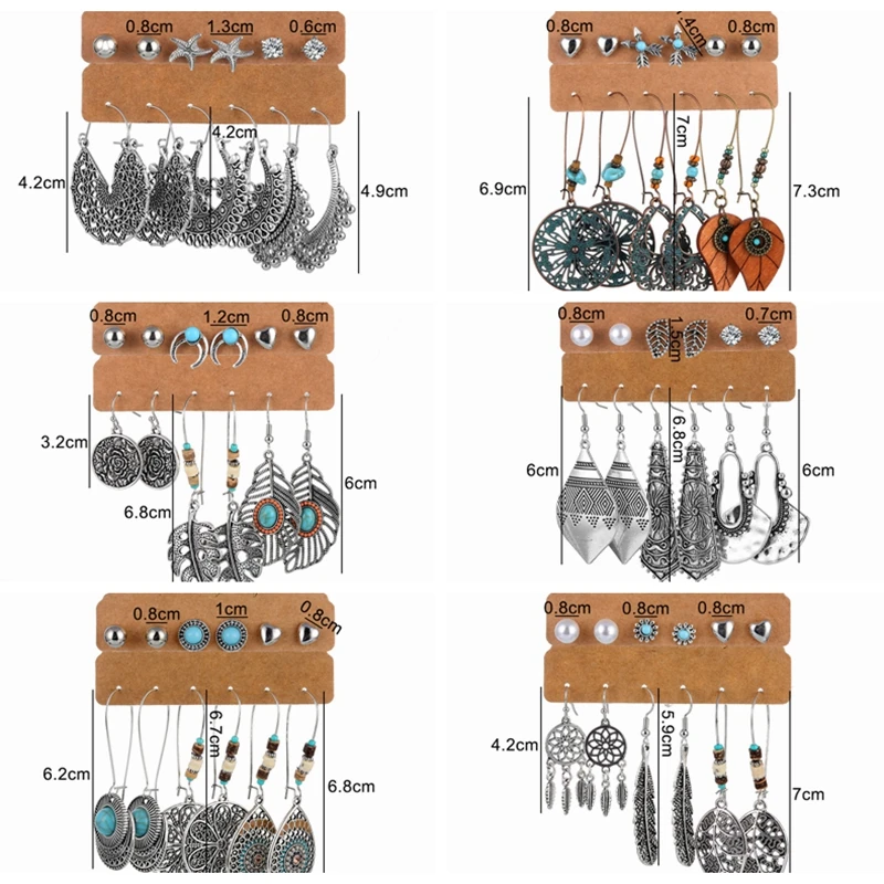 

Vintage Ethnic New Big Fan shape Bronze Earrings Set For Women Bohemian Multilayer Tassel Geometric Triangle Drop earing Jewelry