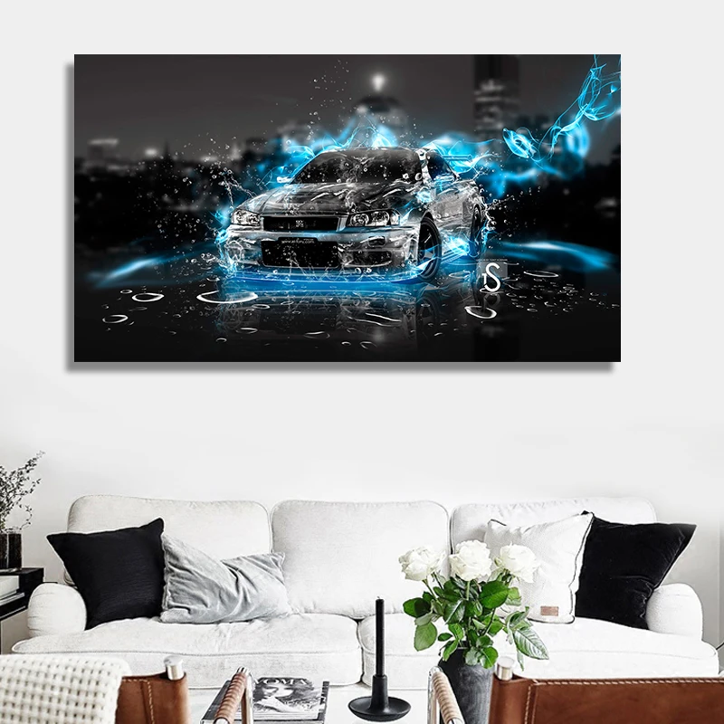 Cool Blue Nissan GTR Modified JDM Sports Car Poster Car Wallpaper HD Prints Canvas Painting Wall Home Decor