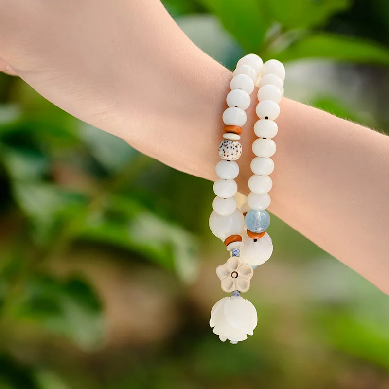 

New Fashion Chinese Style White Jade Bodhi Root Double Round Bracelet Retro Art Bodhi Lotus Pendant Exquisite Gift for Women