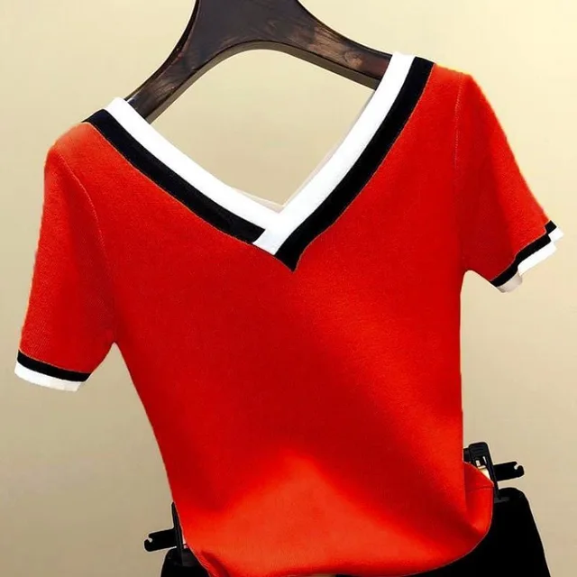 Decote em v camisa de manga curta feminina contraste cor listrado malha 2023 verão tops camisa roupas coreanas femme camisetas mujer 13362 5