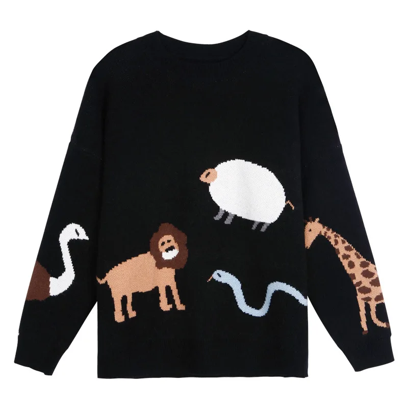 Женский свитер с рисунком Дикая жизнь вязаный пуловер мультяшным зимний черный
