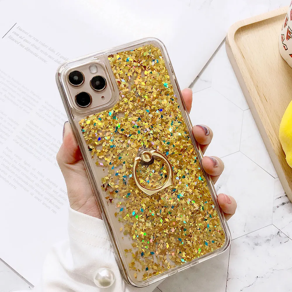 glitter phone case for iphone se 11 pro max xs max x xr 6s 6 7 8 plus liquid quicksand case with finger ring cover bling sequins free global shipping