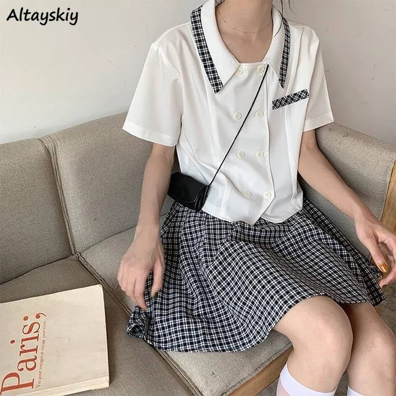 

Women Sets Short Sleeve Shirts Double Breasted A-line Skirts Plaid Preppy Style Retro Kawaii Students Casual Pleated Sweet Daily