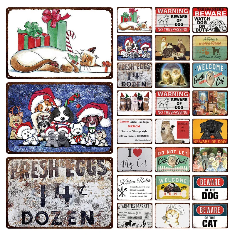 

Christmas Poster Vintage Metal Sign Plaque Animal Wearing A Christmas Hat Dog and Cat Wall Decor Poster Tin Sign Home Decoration