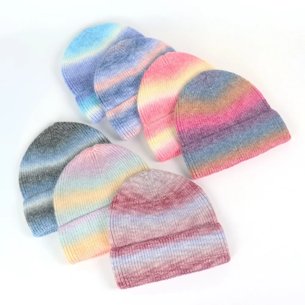 

Tie-dye Printed Beanies Skullies For Men Women Knitted Hat Autumn and Winter Female Rainbow Gradient Wool Hat Warm Hat