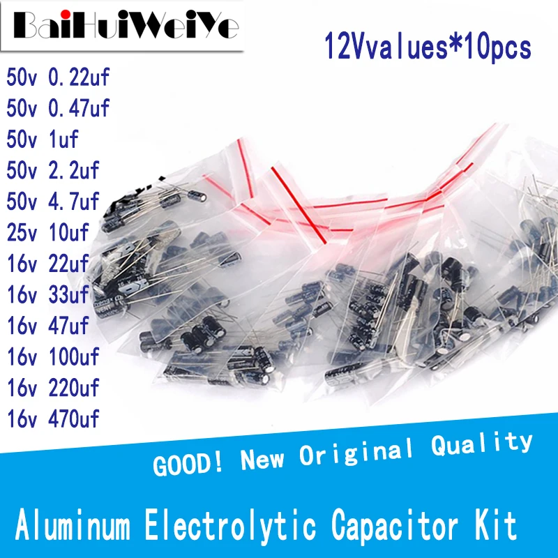 120 шт./лот 0 22 мкФ ф 470 Ф 50 в алюминиевый электролитический набор различных