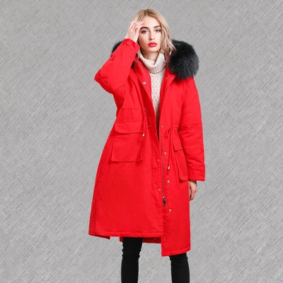 Новинка 2020 зимний теплый пуховик для женщин мех енота длинное пальто с капюшоном