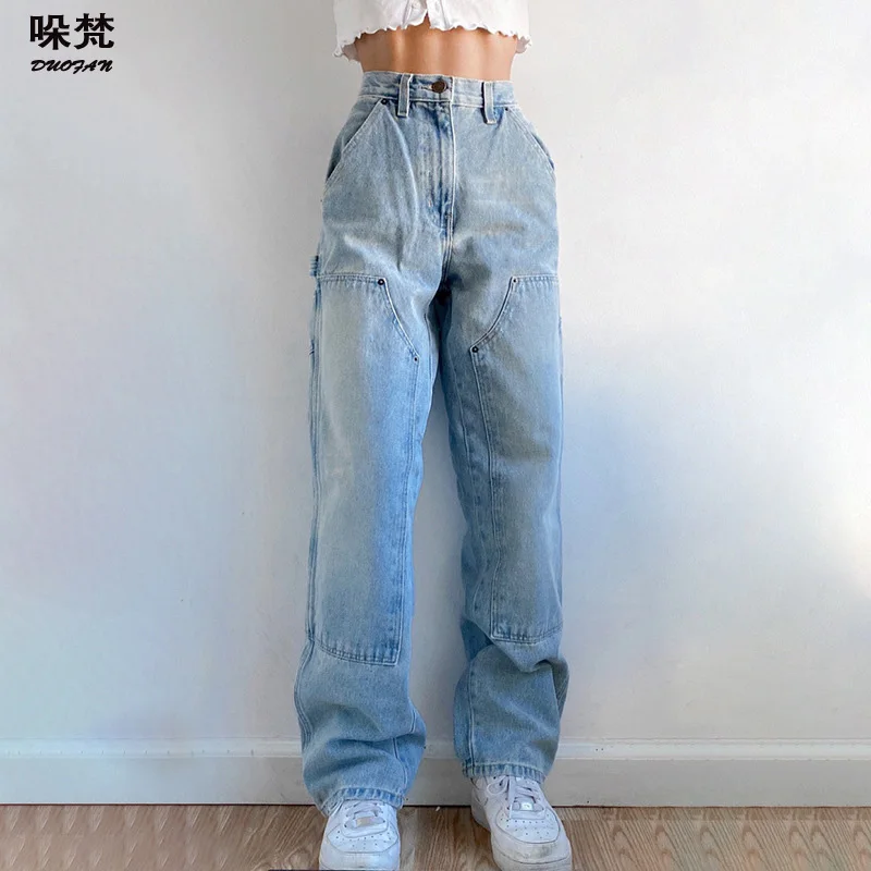 

DUOFAN Y2K Jeans for Women Female Loose Casual High Waisted Baggy Jeans with Pockets Harajuku Vintage Streetwear Mom Jeans
