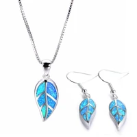 hot selling fashionable simple jewelry set blue leaf pendant necklace earrings women wedding engagement birthday party jewelry