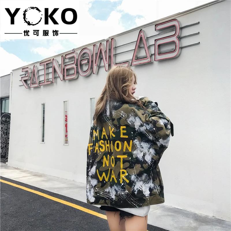 YOKO/Весенняя джинсовая куртка с граффити женская уличная Свободная капюшоном в