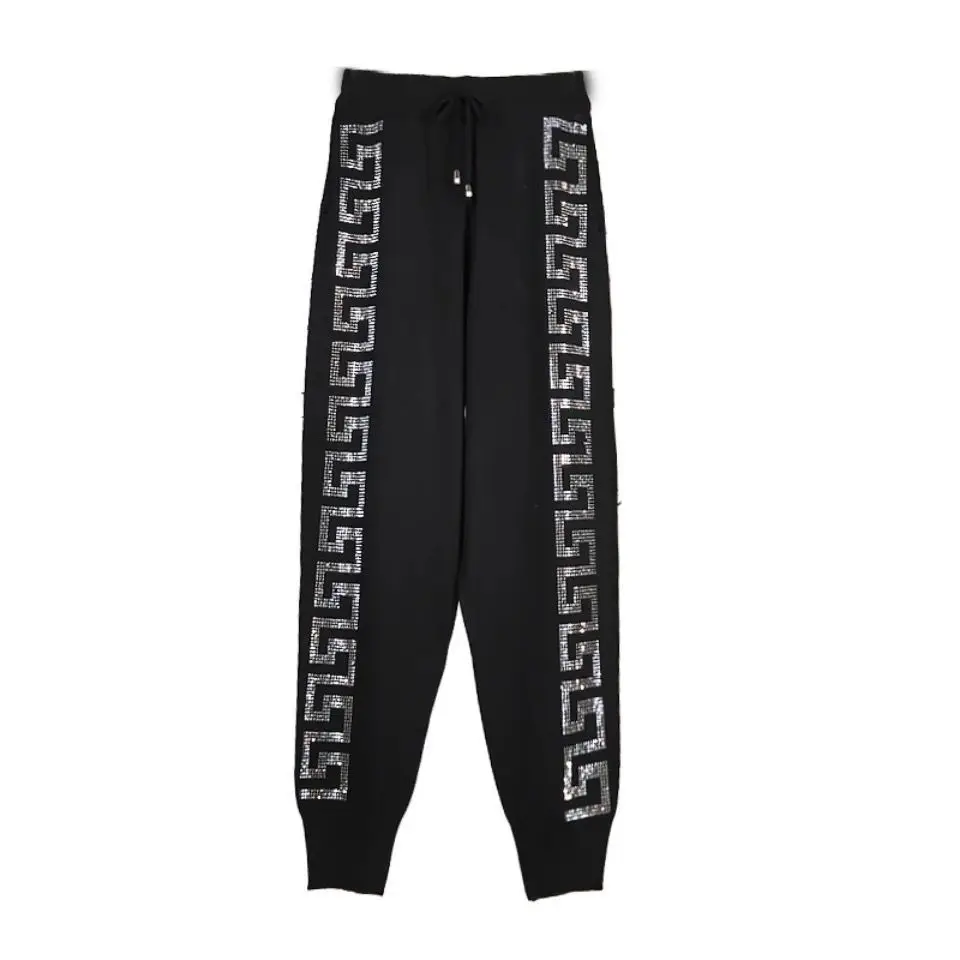

European station heavy industry hot drilling black casual pants women's loose spring and summer sports pants 2021 knitted pants