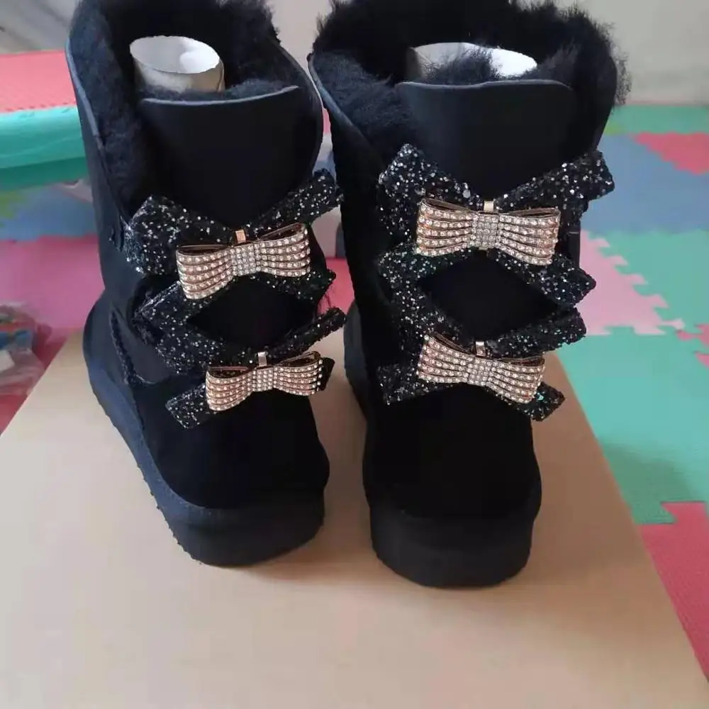 Г., модные женские зимние сапоги из натуральной овечьей кожи с двумя бантами женские сапоги до середины икры из натуральной овечьей кожи женская обувь - Цвет: black