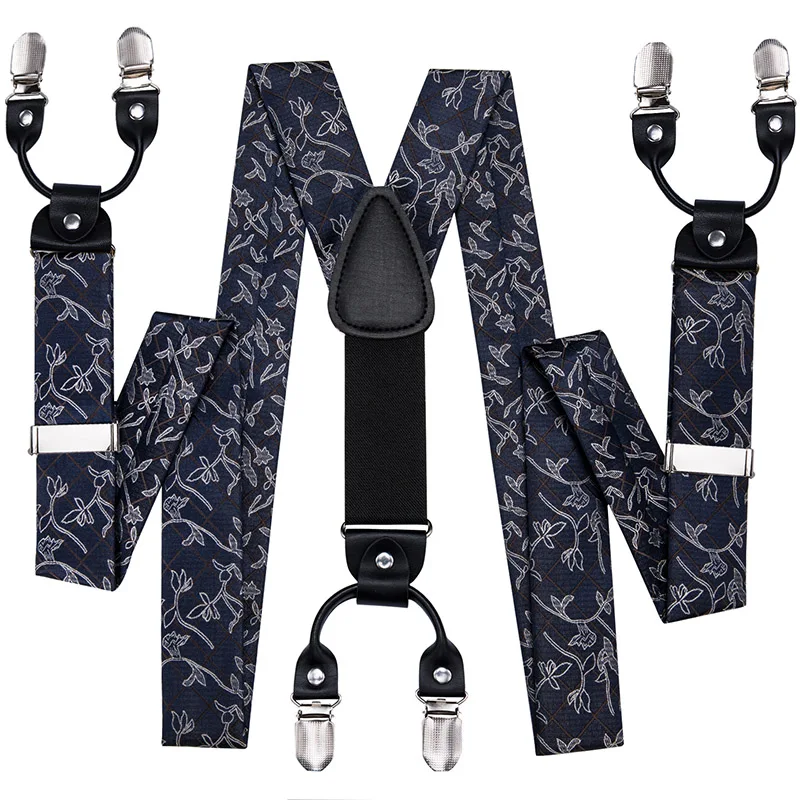 BD-3031 Hi-Tie роскошный бренд шелковый Взрослый мужской галстук-бабочка подтяжки синее платье на подтяжках с цветами Кожа Металл 6 зажимы Подвески подтяжки