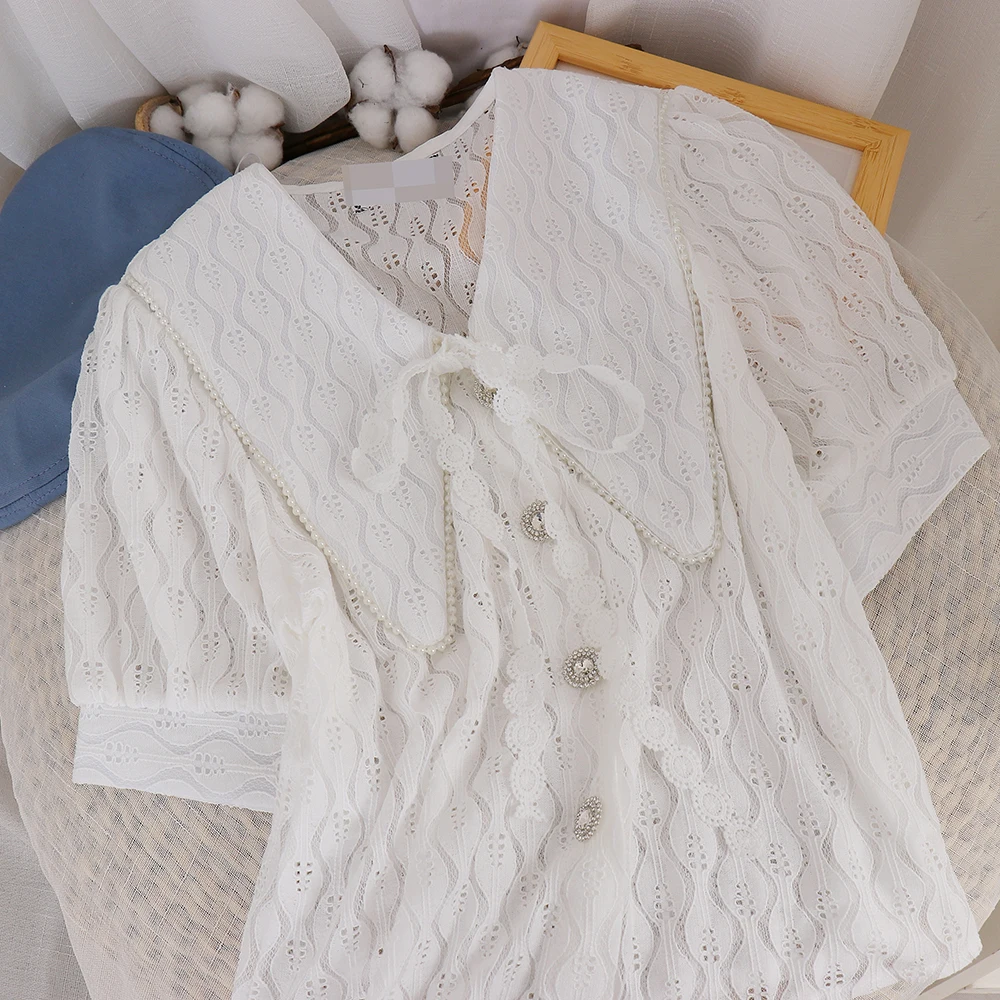 

Sweet Solid Color Bow Beaded Peter Pan Collar Lace Shirt Women's Summer Lace Short Puff Sleeve Single-breasted Blouse Top