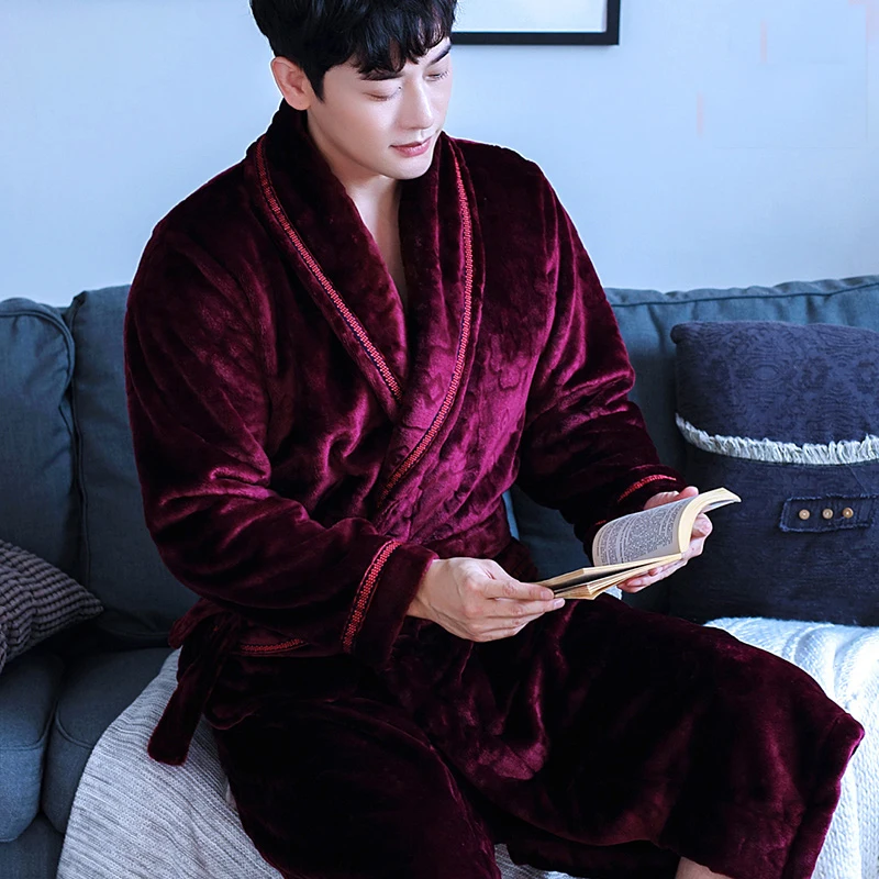 

Coral Fleece Male Robe Autumn Winter Flannel Warm Sleepwear Men Thicken Bathrobe Lounge Nightgown Oversized Leisure Home Clothes