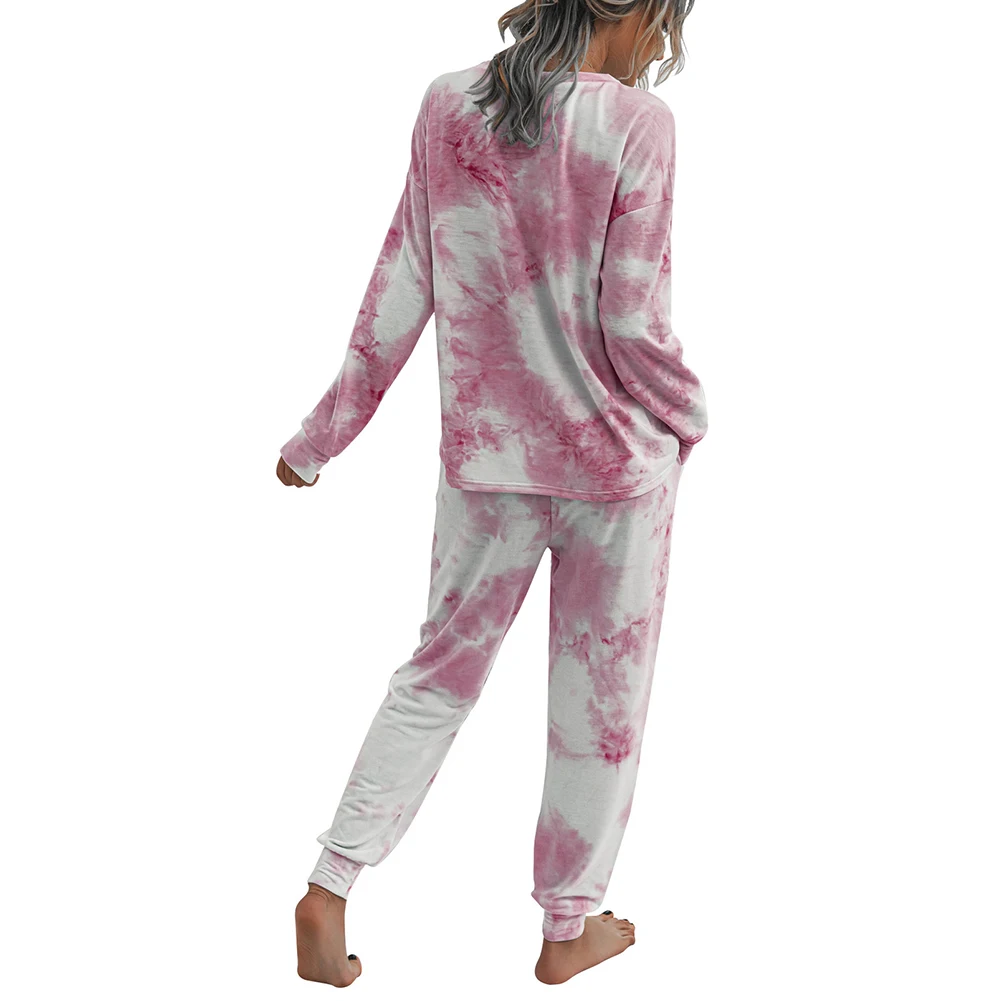 

Trendy Women Tie-dye autumn Pajamas Two Piece Sets Casual Round Neck Long-sleeve Tops pocket Trousers