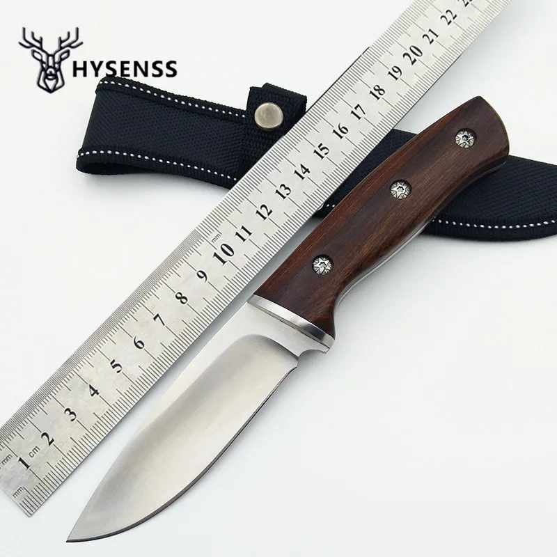 

Hysenss 7CR15MOV Blade High Hardness Knife Natural Wood Handle Outdoor Tactical Survival Knife Self-defense Tools Nylon Sheath