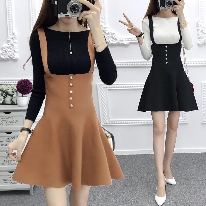 

Women Knitted Braces Shoulder Strap Short Skirt Preppy Style School Girls Sweet Cute Kawaii High Waist Solid Color Skirt