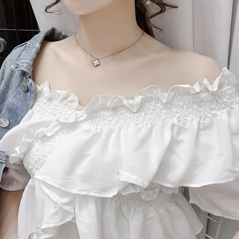 

Blouse Shirts Ruffle Summer 2021 New Ladies top Korean shirt one-word Short-Sleeved V-neck Women's Shirt Feminin White 318B