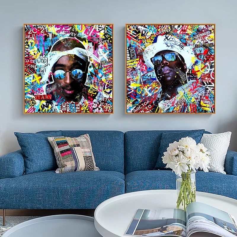 

Уличное искусство 2pac раппер граффити холст плакаты печать Тупак и известный большой Поп-Арт холст живопись Куадрос настенное искусство дом...