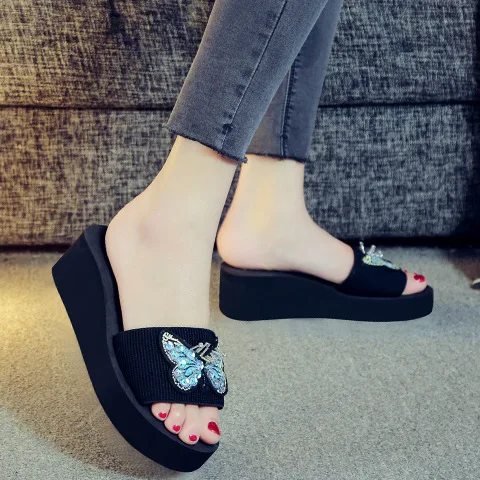 

Beach Shoes House Slippers Platform Med Butterfly-Knot Slides Slipers Women Sabot Flat 2021 TPR Butterfly-knot Fabric Basic PU