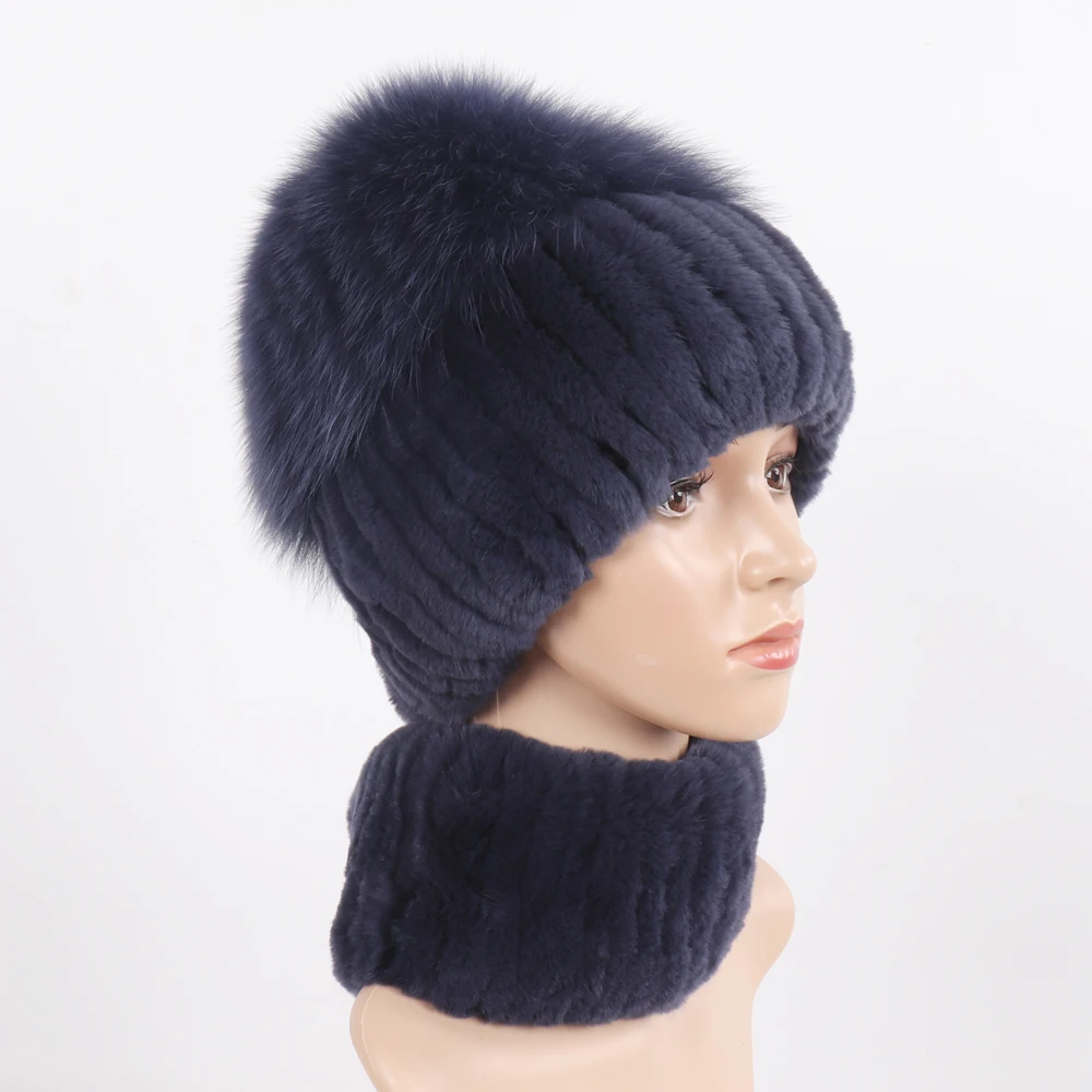 Женская эластичная трикотажная шапка-шарф из лисьего меха |