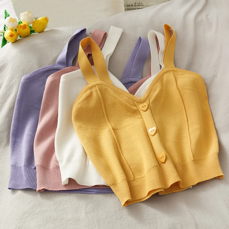 Кроп-топ женский трикотажный с V-образным вырезом на пуговицах | Женская одежда