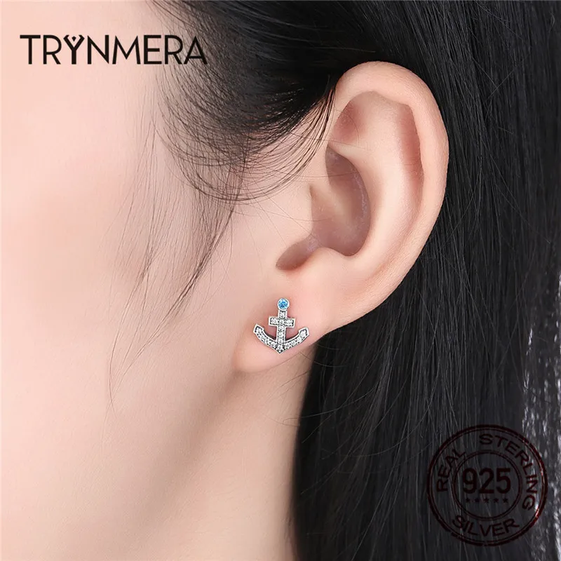 Trynmera 925 Серебряный якорь и руль синие кристаллы серьги-гвоздики для женщин Мода Лодка элемент ювелирных изделий TE082