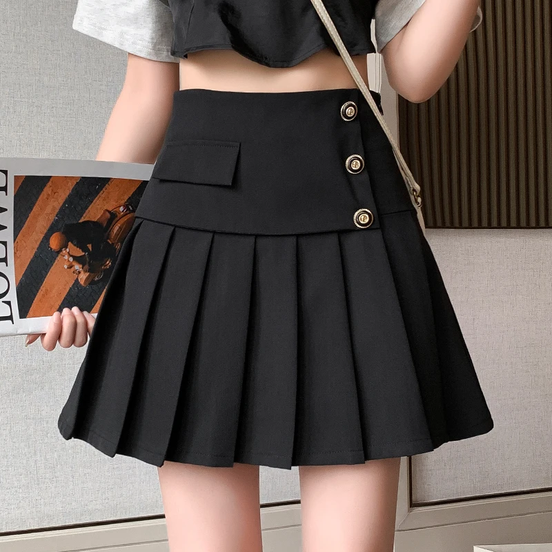 

New Pleated Skirts Women High Waist A-line Mini Skirt Autumn Black White Buttons Office Lady Zipper Shorts Skirt Streetwear