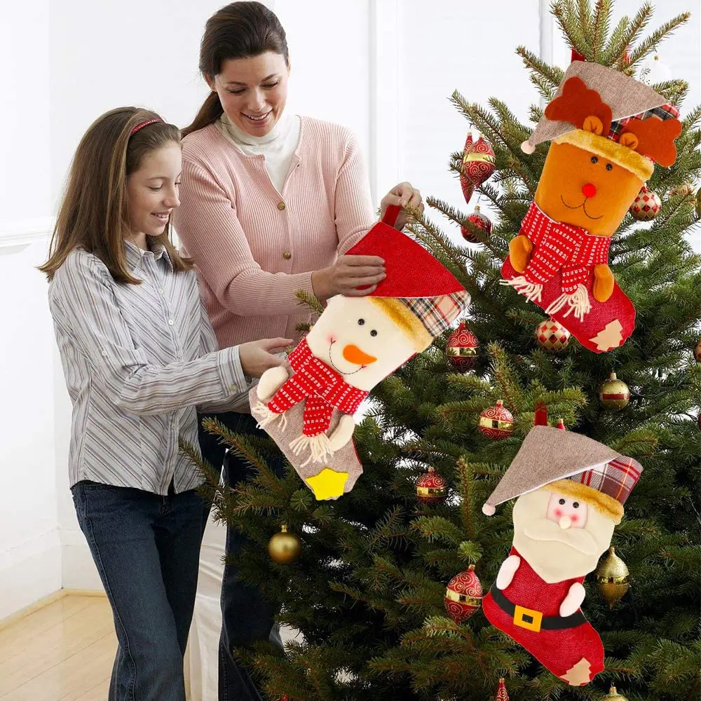 

2020 Christmas Stocking, 3 Pcs Classic Sockings for Xmas Home Decor, Stuffed Christmas Tree Hanging Toys, Santa Snowman Reindeer