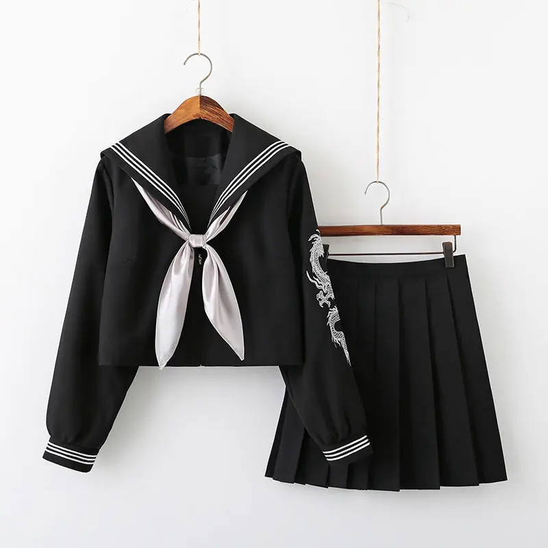 Lolita-Tops bordados de colores plateados y rosas para niñas, traje de uniforme JK, camisa negra y Falda plisada, uniforme escolar, Cosplay para estudiantes