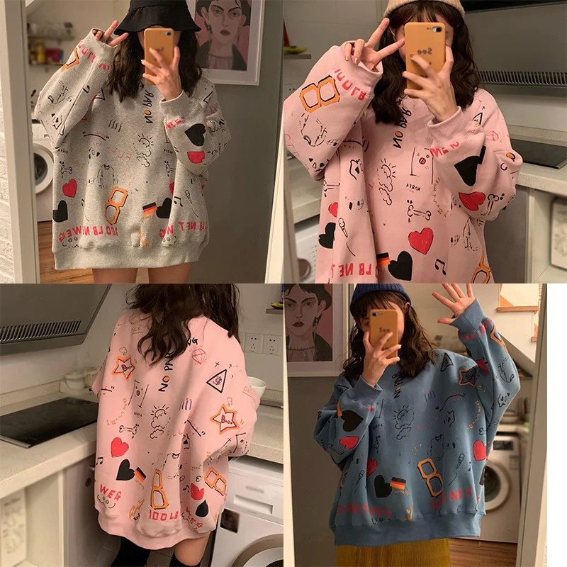 

Spring Autumn Personality Graffiti Patterns Sweatshirts Women Casual and Loose Long-sleeved Pullover Harajuku Tops