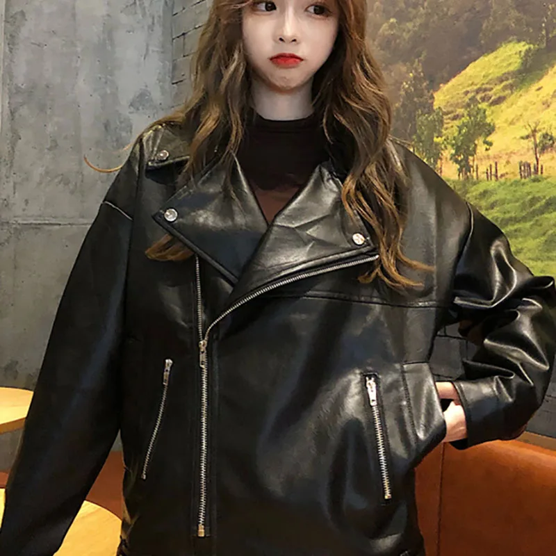 2021 Autumn Women Pu Leather Jacket Woman ZipperLoose casual all-matchShort Coat Female Black Punk  Leather  the street Outwear